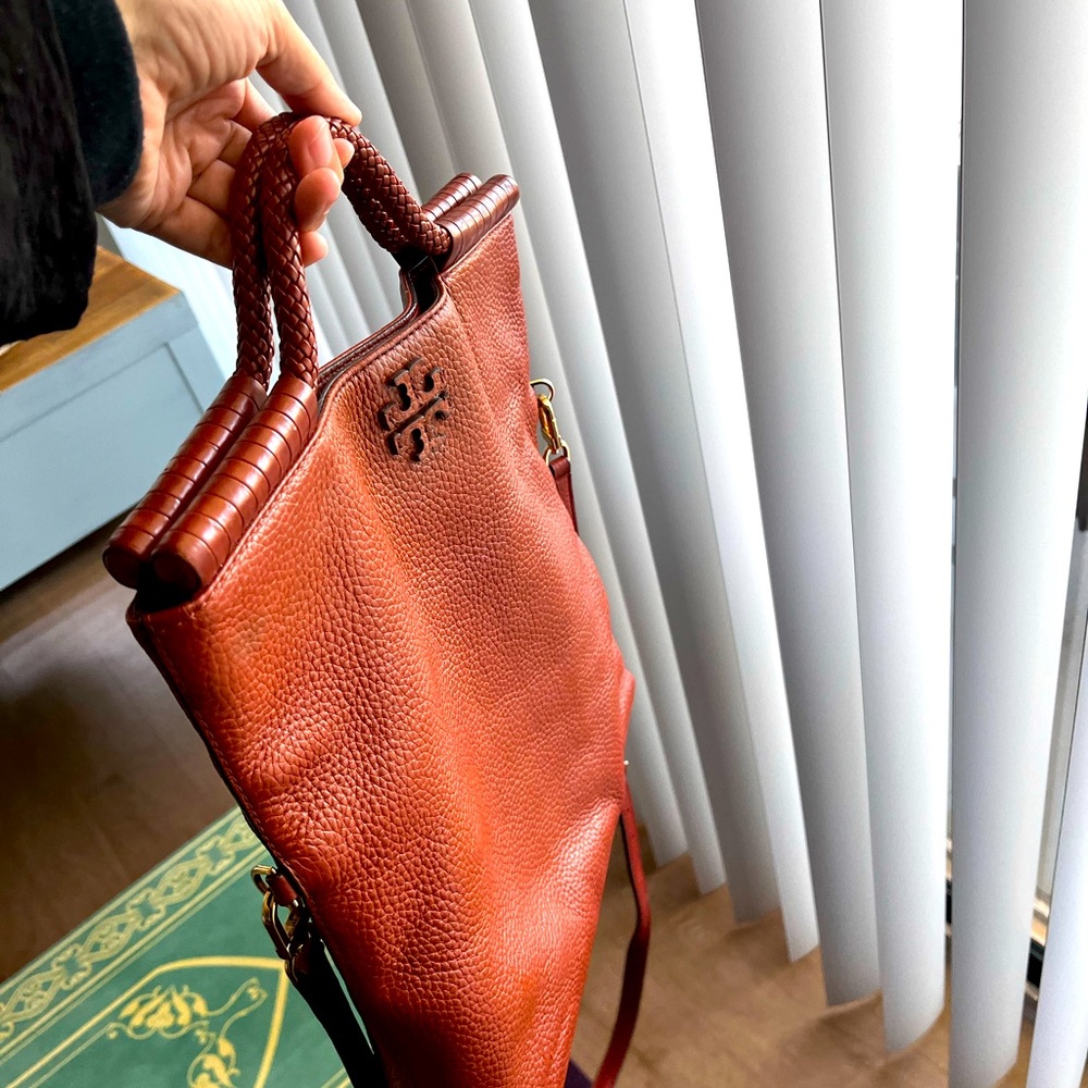 A Gorgeous Leather Tory Burch Caramel Brown colored Cross Body/ Handle Bag